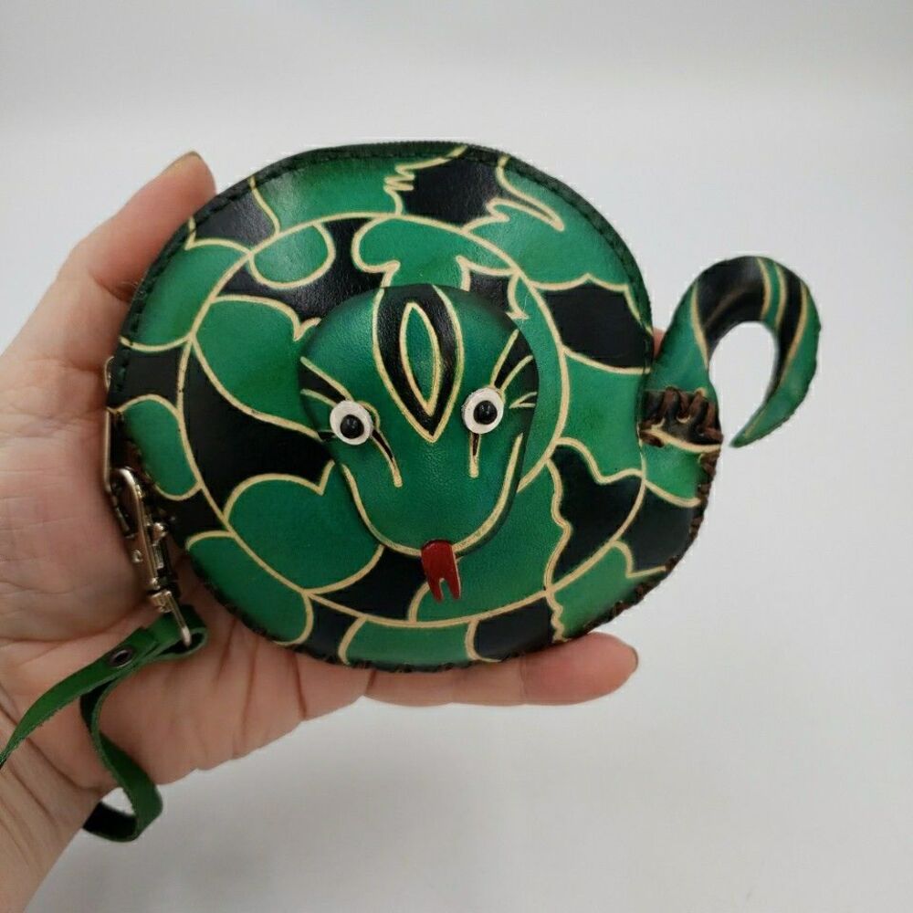 Snake Reptile Handmade Leather Wallet Gift Wristlet Zipper Coin Purse Bag Charm